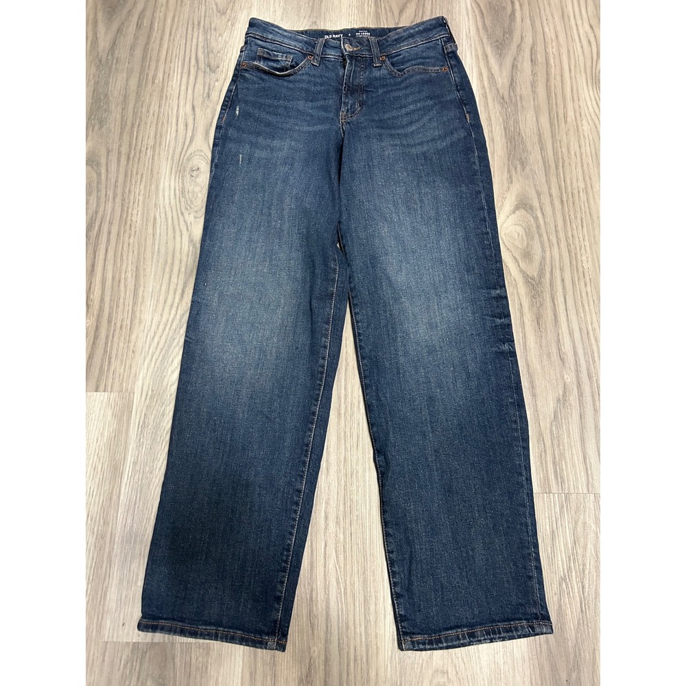 Old Navy Womens High-Waisted Wide-Leg Jeans Cotton Blend 4 Dark Indigo Wash Blue